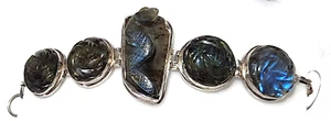 Early 925 Sterling Silver Mexican Carved Snake & Rosebud Labradorite Bracelet - Picture 1 of 23