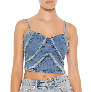 Studded denim blue cropped cami tank top Womens Size XS festival concert y2k 90s - Picture 1 of 6