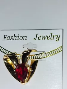 Necklace pendant gold look colored heart with red teardrop shaped stone - Picture 1 of 5