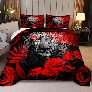 Red Rose Leopard Comforter Set 7 Pieces King Size Bed in a Bag Cheetah Bedding T - Picture 1 of 9