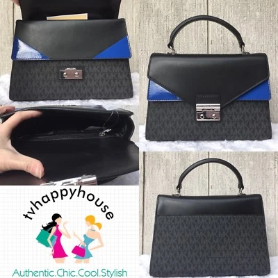 NEW Michael Kors Sloan Medium Double Flap Leather Satchel Bag Black Blue $268+ - Image 1 of 4