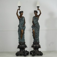 Life Size Pair of Lady Statues made of Bronze 93"H Large with torch Lights