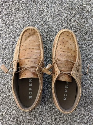 Zapatos mocasines de barco Roper de cuero tostado corte transparente bajos de avestruz para hombre talla 9,5 D Western Foto 1 de 4