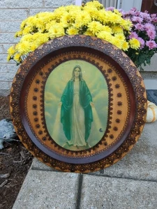 Vintage verzierter handgeschnitzter Holz Wandteller Jungfrau Heilige Mutter Maria 14" religiös - Bild 1 von 20
