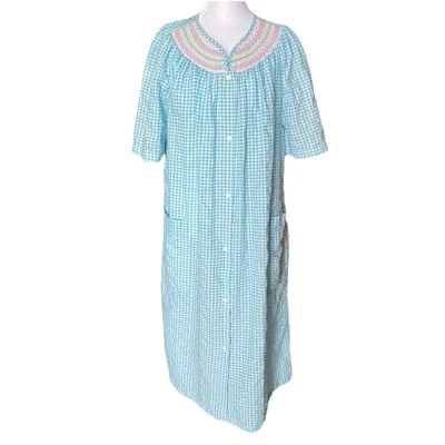 Simply Basic Nightgown Blue Gingham Embroidery Snaps Pockets Lightweight - Image 1 of 4