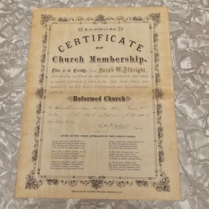 Certificado de membresía de la Iglesia Temprana Jacob Albright abril 1880 Shartlesville PA - Imagen 1 de 5