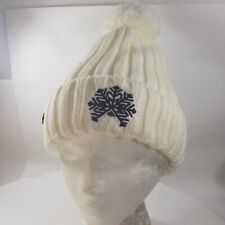 Vintage Knit Pom Pom Ski Hat SNOWFLAKE White Beanie Toque Cap Cuff Cable