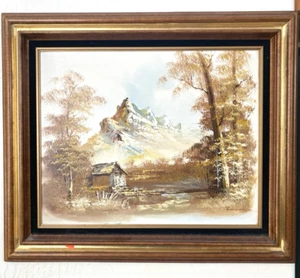 Vintage Original Oil Painting Mountain Cabin Artwork 23" x 27" - Picture 1 of 13