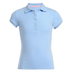 Nautica Uniform Short Sleeve Polo Shirt Girls S/7 Light Blue Solid Front Button - Picture 1 of 18