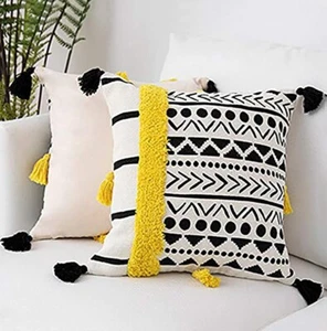 MOCOFO 16" Cream White Grey Woven Tufted Tassel Cushion Cover Fringe Pillow - Picture 1 of 2