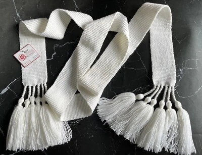 Celtic Woven Wool Belt Ivory Handwoven White Viking Tie Belt Long Tassels Trim - Image 1 of 4