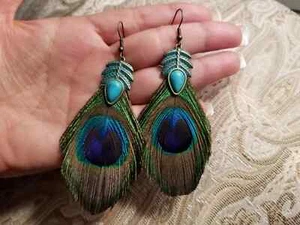Earrings Peacock Feather Turquoise Dangle Boho Drop G - Picture 1 of 4