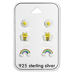 925 Sterling Silver Rainbow  Bee Daisy Flower Stud Earrings Studs Girls Women
