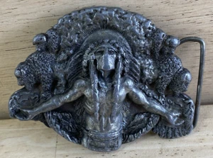 Native American Indian Chief Belt Buckle 1981 Bergamot Siskiyou Vintage Brass - Afbeelding 1 van 13