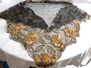 LARGE BLACK SHAWL EMBELLISHED WITH GOLD BEADS & SEQUINS - Picture 1 of 9