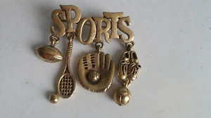 Vintage Signed D SPORTS Tennis Baseball Football Soccer Dangles Brooch /Pin - Picture 1 of 2