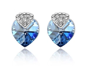Women Blue Heart Wedding Bridal Stud Earring Made with Swarovski Crystal IE79 - Picture 1 of 2