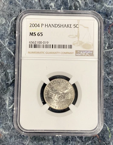 2004 P Handshake Jefferson Nickel 5c NGC MS 65 + Bonus Cover