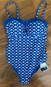 Stylish BNWT M&S blue Secret Slimming tummy control bandeau strapless swimsuit - Picture 1 of 2