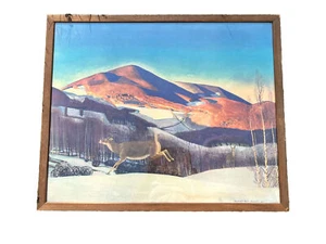Large Framed Rockwell Kent ~Vermont Winter Deer Snow Art Color Print c 1930’s - Picture 1 of 6