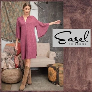 EASEL Hacci Knit Sweater Dress Mandarin Collar V-Neck & Statement Bell Sleeves - Picture 1 of 16