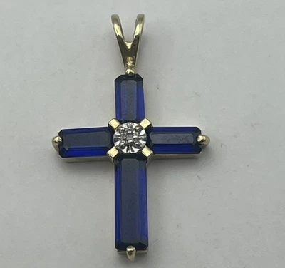 10K Yellow Gold Cross With Diamond And Lab Created Blue Sapphire Pendant - Image 1 of 4