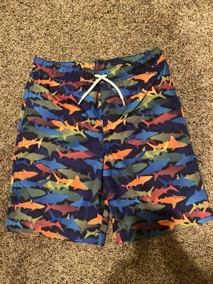 LANDS’ END Colorful Shark Print Swim Shorts Trunks Mesh Liner Size L 10/12 Boys - Image 1 of 4