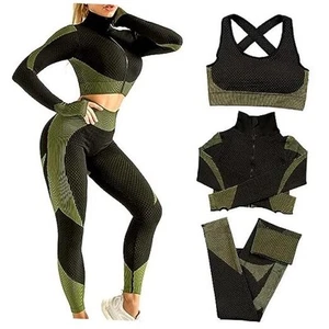 Women's 3pcs Seamless Workout Outfits Sets, Yoga Sportswear Medium Army Green - Picture 1 of 5