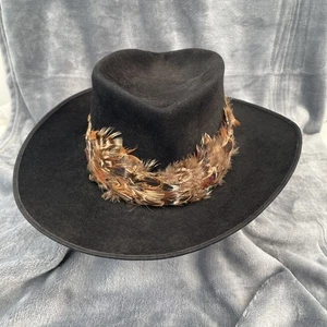 Vintage Fedora Style Black Felt Hat Feather Trim Spanish Riding Flamenco Seville - Picture 1 of 11