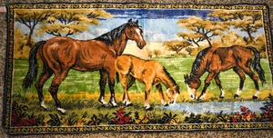 Vintage Velvety Equine Stallion, Mare, Pony Horses Wall Tapestry - Belgium - Picture 1 of 6