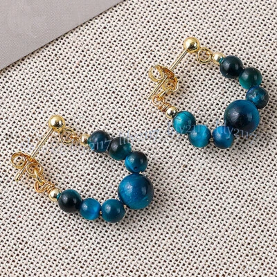 Pendientes de aro colgantes con cuentas redondas de piedras preciosas ojo de tigre azul natural de 4-6 mm Foto 1 de 4