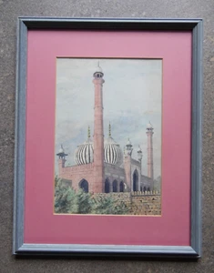 Delhi, Mezquita Jama Masjid. Antigua acuarela original siglo XIX paisaje India. - Imagen 1 de 7