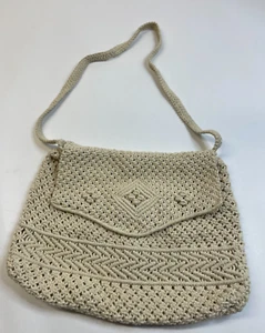 Vintage gehäkelte Handtasche Handtasche mit Baumwolle/Polyfutter Druckknopfverschluss - Bild 1 von 8