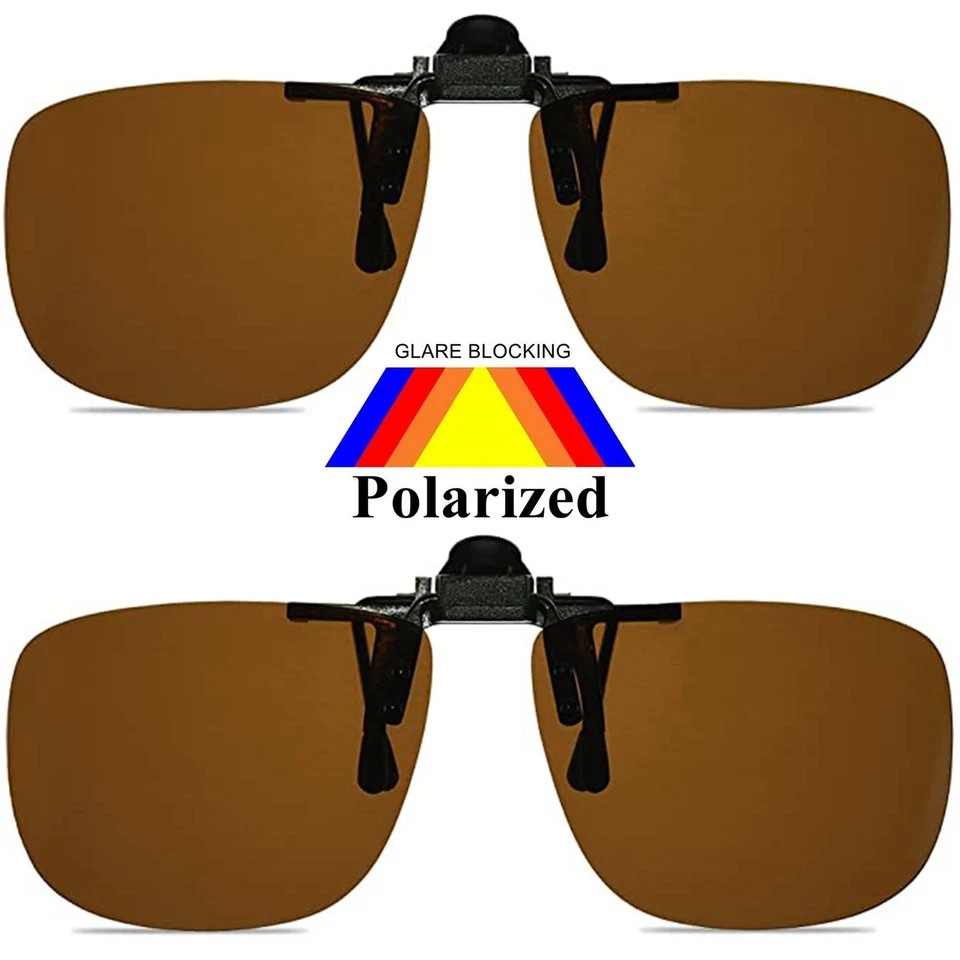 2 Polarized Glare Block Brown Square Lens Clip On Flip Up Driving Sunglasses Foto 1 de 1