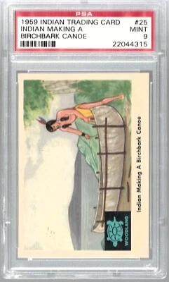 1959 Indian Trading Card #25 Indian Making A Birchbark Canoe PSA 9 Mint 22044315 - Image 1 of 2
