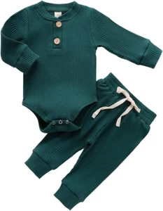 Newborn Baby Boy Girl Clothes Ribbed Knitted Cotton Long Sleeve Romper Long Pant - Picture 1 of 12