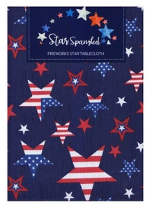 Patriotic Tablecloth 60 x 84 OVAL Red White Blue Star Fireworks Stripe Fabric - Picture 1 of 7