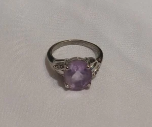 HMI 925 signierter Ring Silber lila oval Amethyst mit Diamant Akzent Größe 8 - Bild 1 von 10