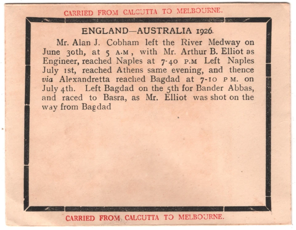 INDIA Air Cover 1926 CALCUTTA-MELBOURNE Cobham Flown SIGNED Stephen Smith  KA509 - Image 1 of 4