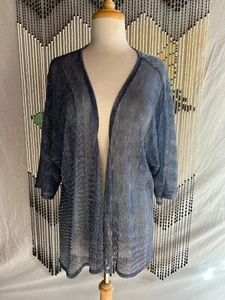LuLaRoe Cardigan Duster Kimono Cover Up Blue Sheer Silver Shimmer Pin Striped  M - Picture 1 of 9