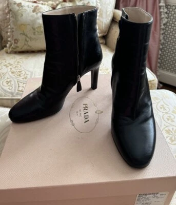 PRADA Botines Cuero Negro Tacón Medio Mujer Talla US 9 EU 39 Bolso Caja Foto 1 de 4
