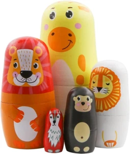 5er Set Tier Nistpuppen Giraffe Bär Löwe Affe Fuchs Holz Russische Puppe W - Bild 1 von 7