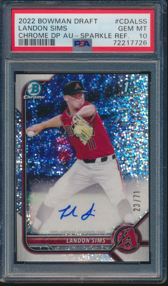 PSA 10 LANDON SIMS AUTO 1st 2022 Bowman Chrome SPARKLES REFRACTOR/71 RC GEM MINT - Image 1 of 1