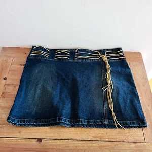 Lushous Denim Mini Skirt Size 12 Womens Zip Up Leather Tassels Stretch Y2K 90s - Picture 1 of 24