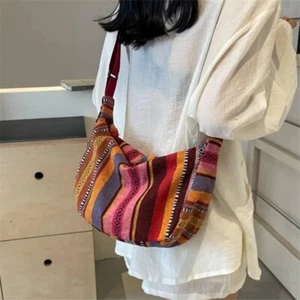 Tribal Style Crossbody Shoulder Bag Striped Foldable Tote with Zipper Closure - Picture 1 of 1