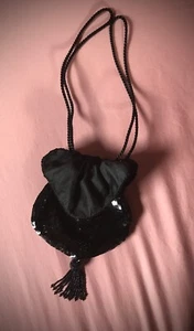 Vintage Sequin and Silk Drawstring Small Black Evening Bag - Picture 1 of 6