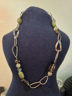 SILPADA 925 Green Jade, Citrine, Smoky Quartz Necklace Oval Hammered Link Chain Foto 1 de 2