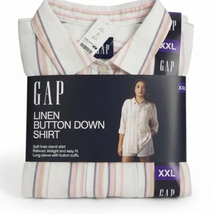 NWT Gap Women’s XXL Striped Linen Blend Button-Down Shirt Coastal Beach Top - Picture 1 of 11