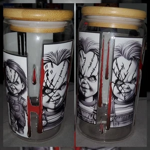 16oz Trinkglas mit Bambusdeckel und Glastrinkhalm, Chucky - Bild 1 von 1