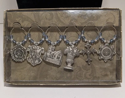 全新带盒 Jane Seymour Pewter 葡萄酒饮料 玻璃小饰品 6 件套 — 第 1/4 张图片